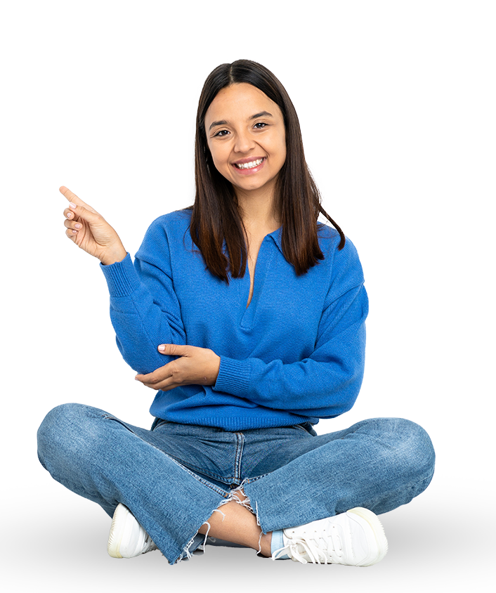 Woman sitting on floor, raising hand, representing one of the best social media marketing agency in Mumbai.